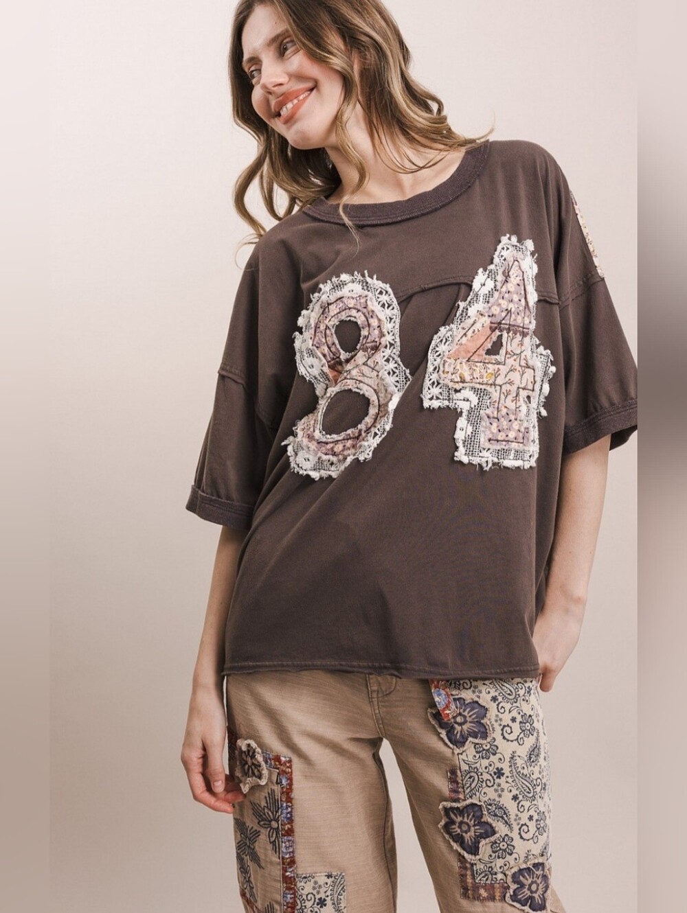 #1628 Blue Velvet Vintage 84 Patchwork Boho Tee